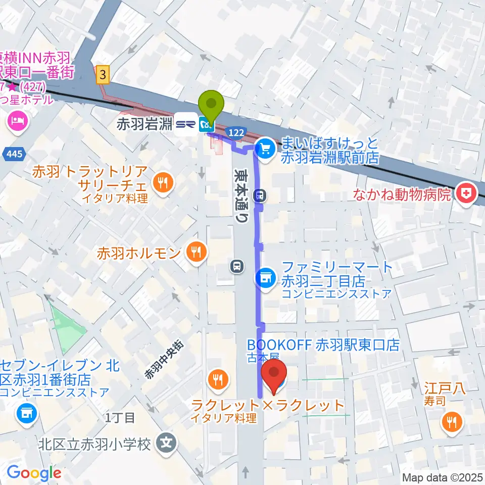 赤羽サウンドスタジオフェイスの最寄駅赤羽岩淵駅からの徒歩ルート（約4分）地図