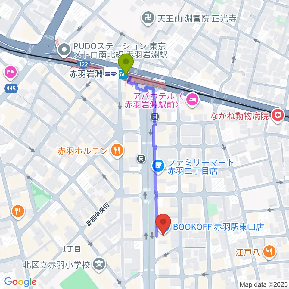 赤羽サウンドスタジオフェイスの最寄駅赤羽岩淵駅からの徒歩ルート（約4分）地図
