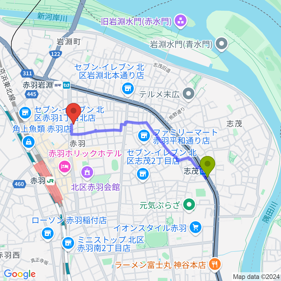 志茂駅から赤羽サウンドスタジオフェイスへのルートマップ地図