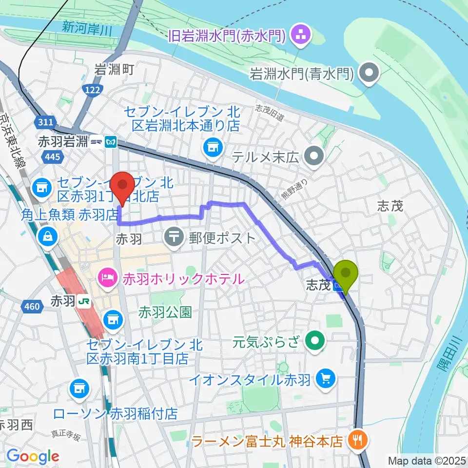 志茂駅から赤羽サウンドスタジオフェイスへのルートマップ地図