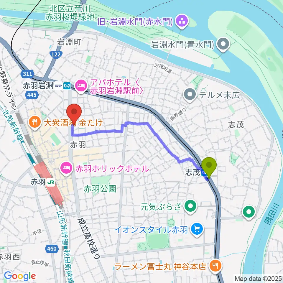 志茂駅から赤羽サウンドスタジオフェイスへのルートマップ地図