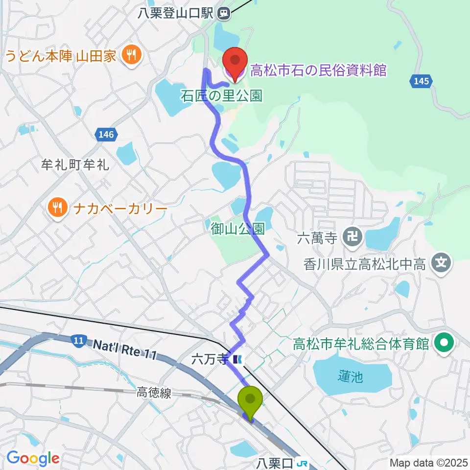 八栗口駅から高松市石の民俗資料館へのルートマップ地図