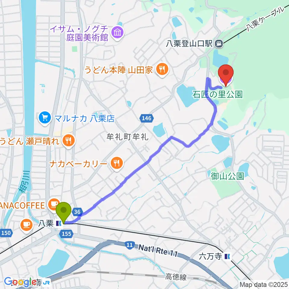 八栗駅から高松市石の民俗資料館へのルートマップ地図