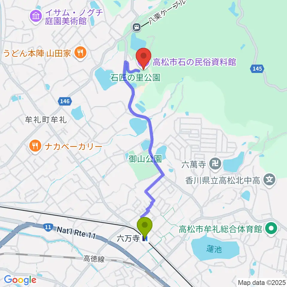 高松市石の民俗資料館の最寄駅六万寺駅からの徒歩ルート（約19分）地図