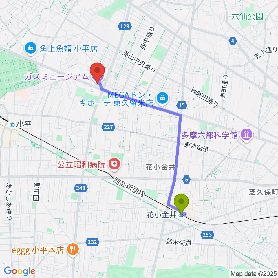 花小金井駅からガスミュージアムへのルートマップ地図