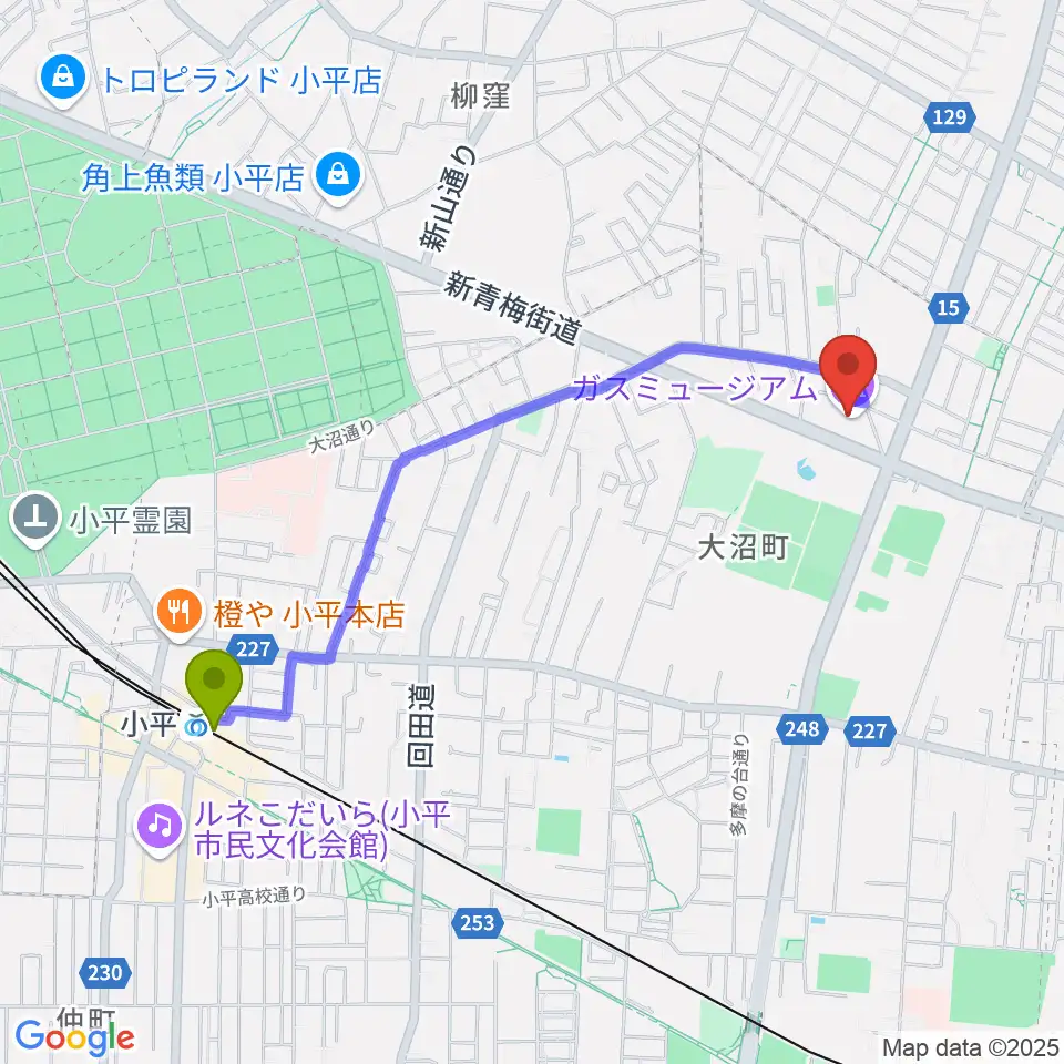 ガスミュージアムの最寄駅小平駅からの徒歩ルート（約21分）地図