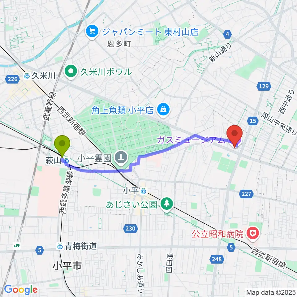 萩山駅からガスミュージアムへのルートマップ地図