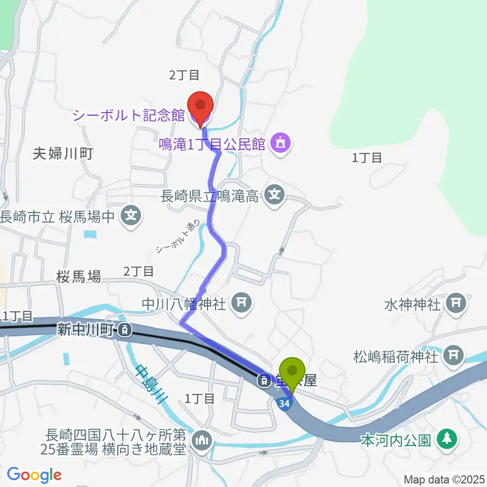 蛍茶屋駅からシーボルト記念館へのルートマップ地図
