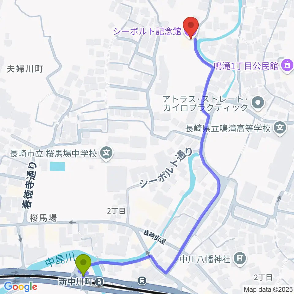 シーボルト記念館の最寄駅新中川町駅からの徒歩ルート（約7分）地図