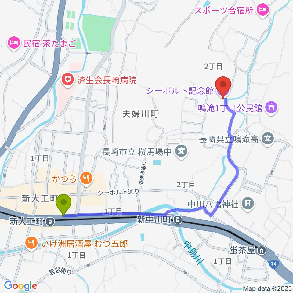 新大工町駅からシーボルト記念館へのルートマップ地図