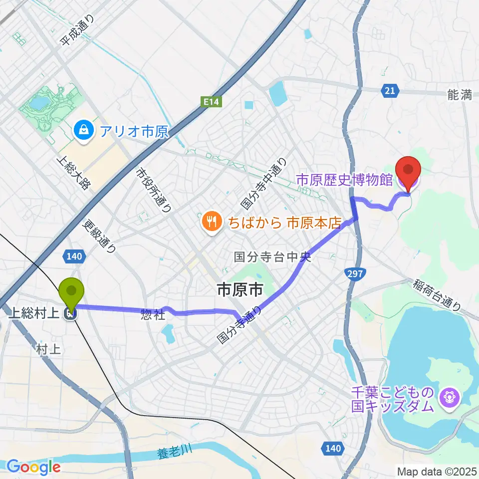 上総村上駅から市原歴史博物館へのルートマップ地図