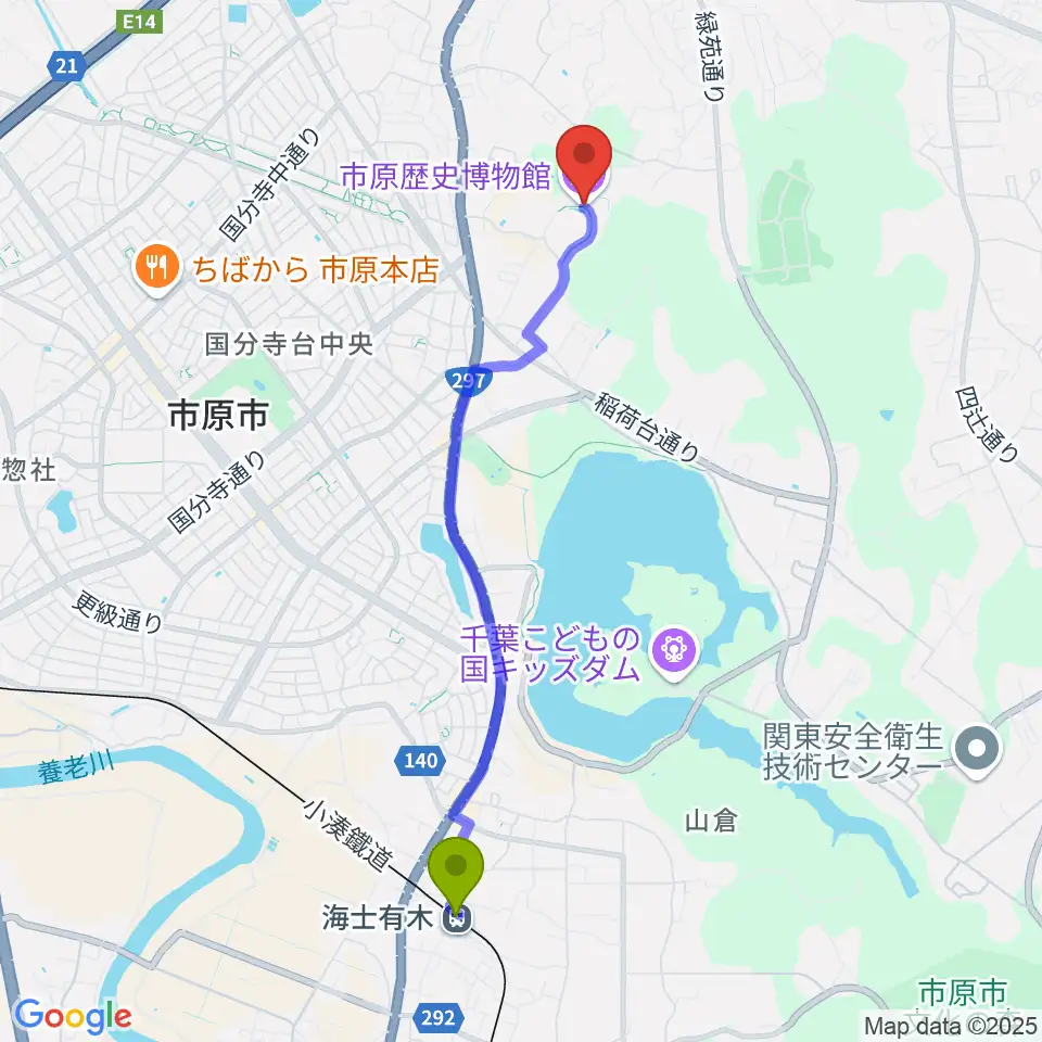 市原歴史博物館の最寄駅海士有木駅からの徒歩ルート（約43分）地図