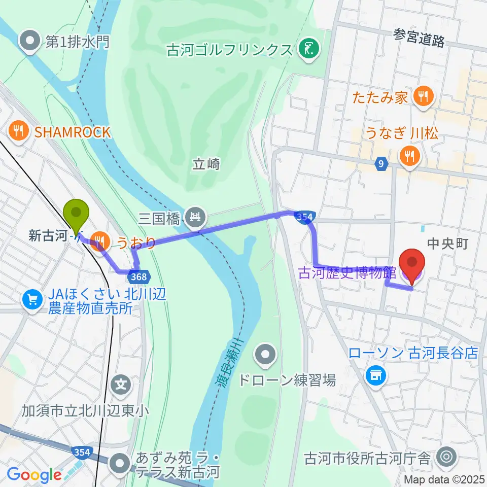 新古河駅から古河歴史博物館へのルートマップ地図