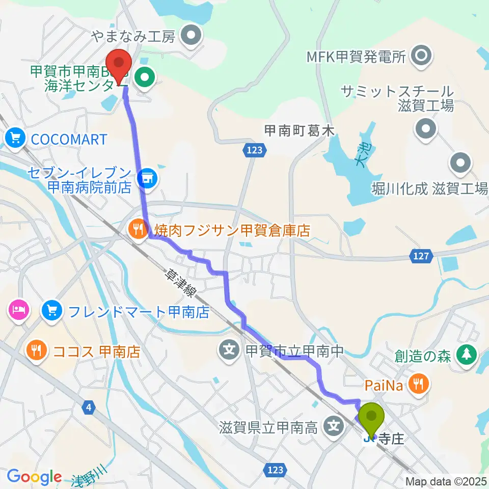 寺庄駅から甲賀市甲南ふれあいの館へのルートマップ地図