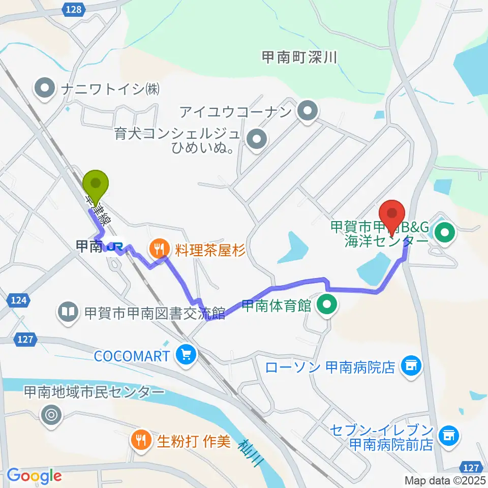甲賀市甲南ふれあいの館の最寄駅甲南駅からの徒歩ルート（約10分）地図