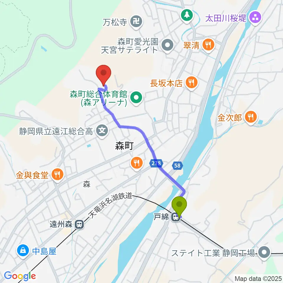 戸綿駅から森町立歴史民俗資料館へのルートマップ地図