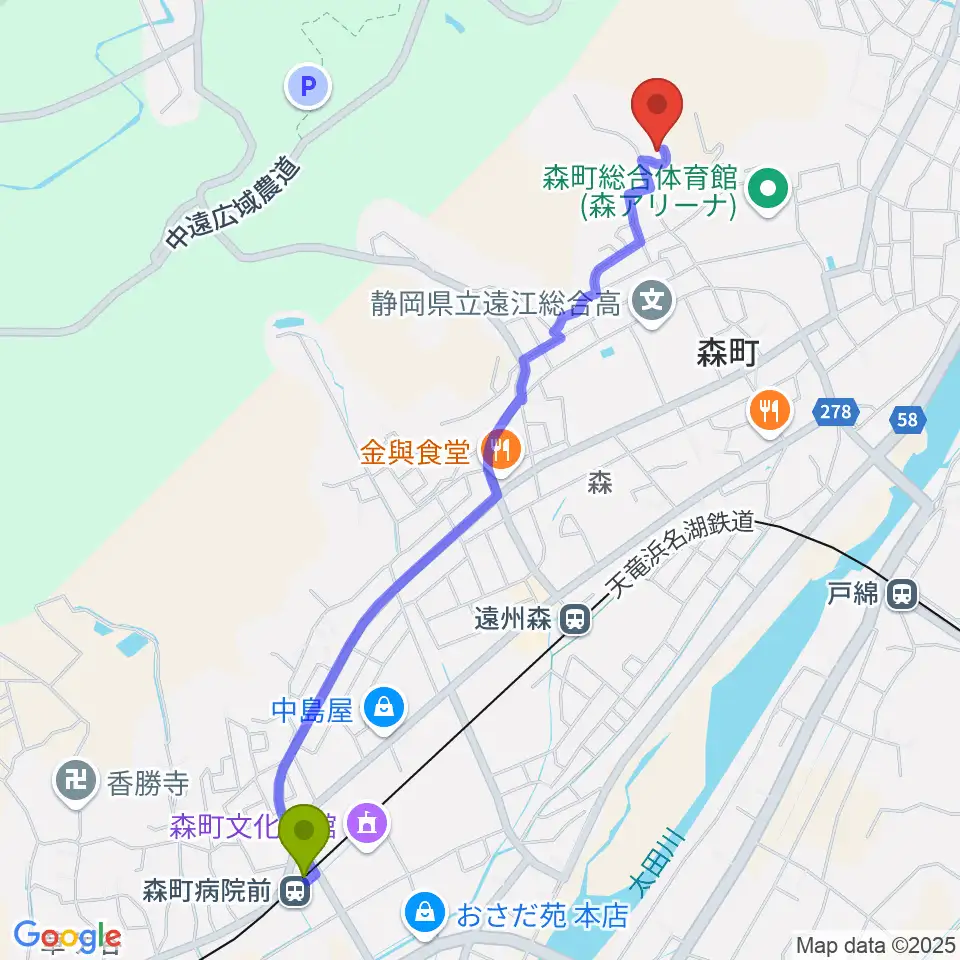 森町病院前駅から森町立歴史民俗資料館へのルートマップ地図