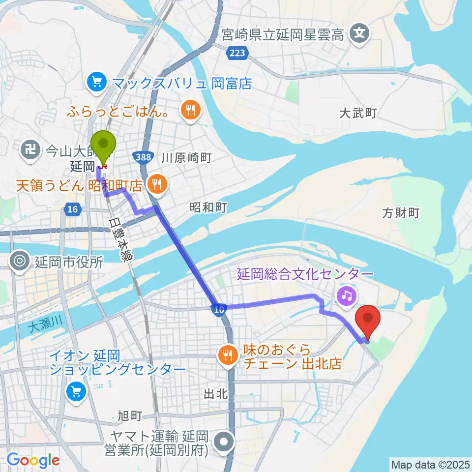 イノベックスポーツパークの最寄駅延岡駅からの徒歩ルート（約43分）地図