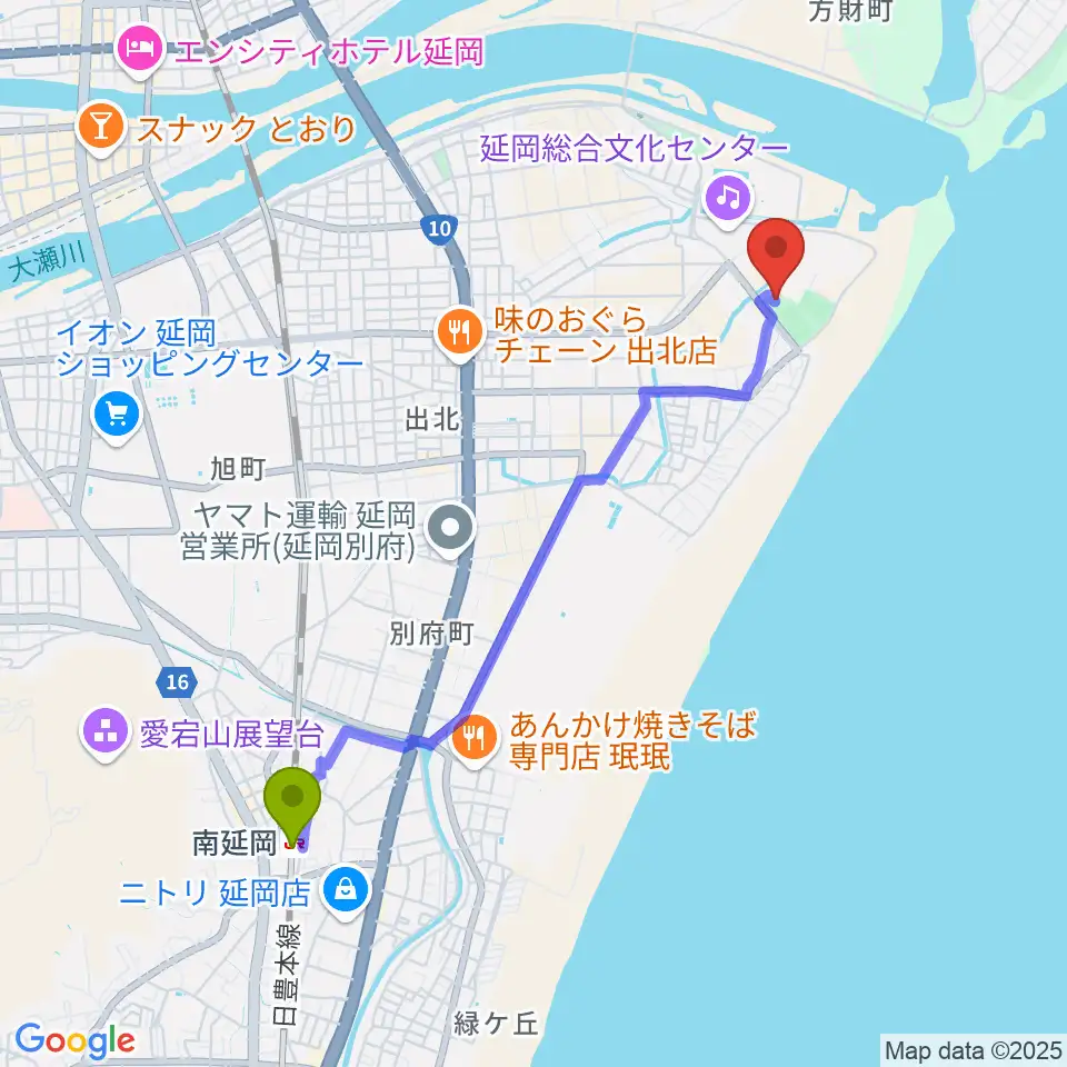 南延岡駅からイノベックスポーツパークへのルートマップ地図