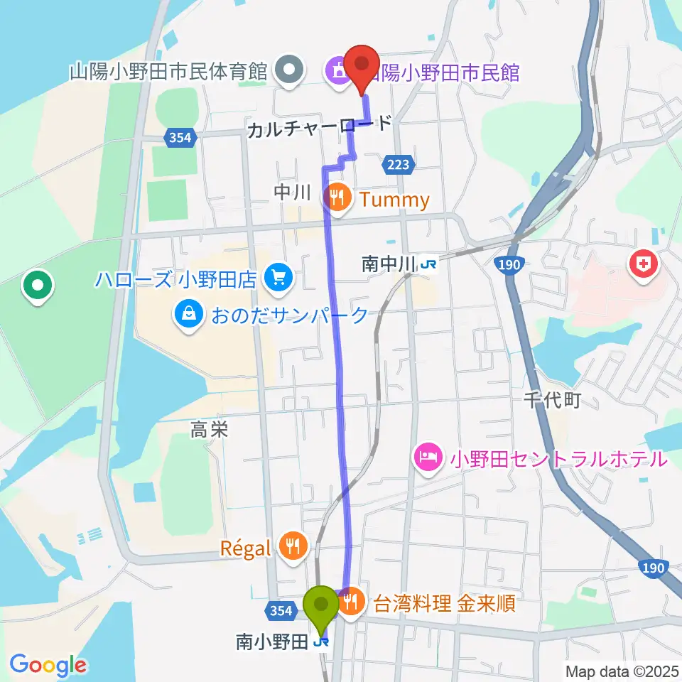 南小野田駅から山陽小野田市歴史民俗資料館へのルートマップ地図