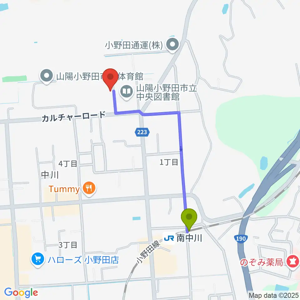 山陽小野田市歴史民俗資料館の最寄駅南中川駅からの徒歩ルート（約8分）地図