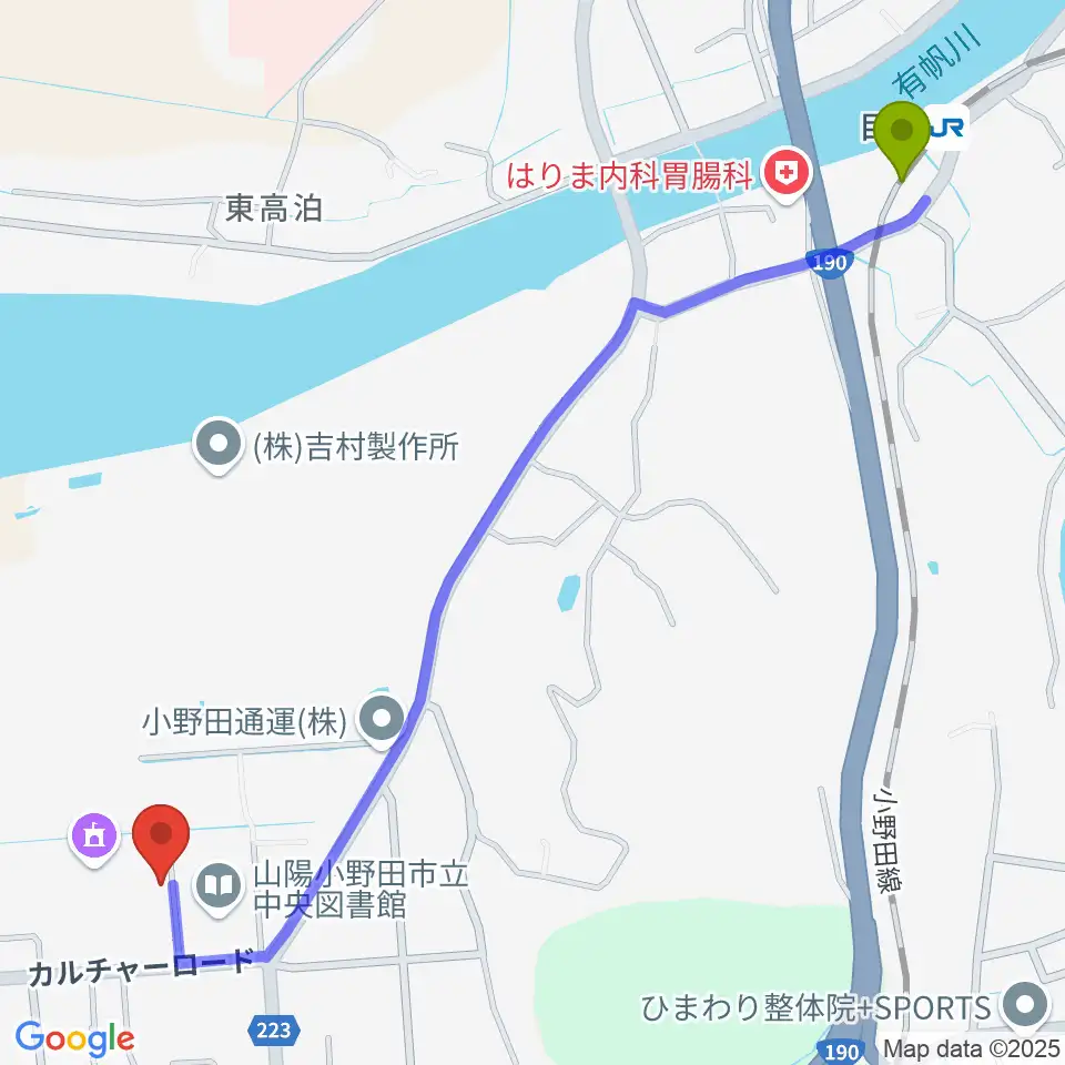 目出駅から山陽小野田市歴史民俗資料館へのルートマップ地図