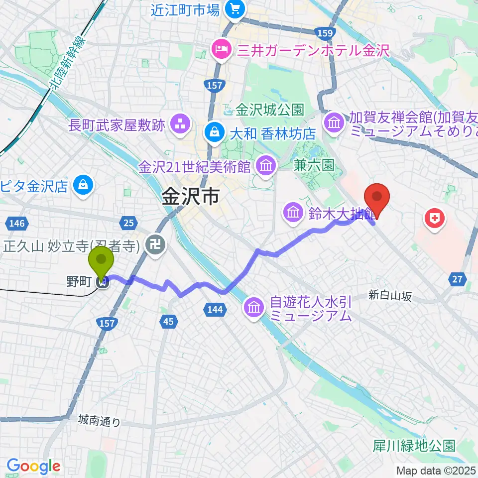 金沢くらしの博物館の最寄駅野町駅からの徒歩ルート（約36分）地図