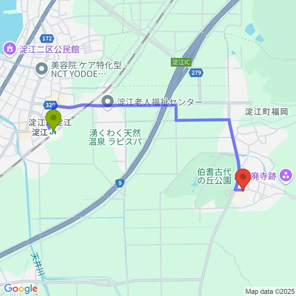 上淀白鳳の丘展示館の最寄駅淀江駅からの徒歩ルート（約21分）地図