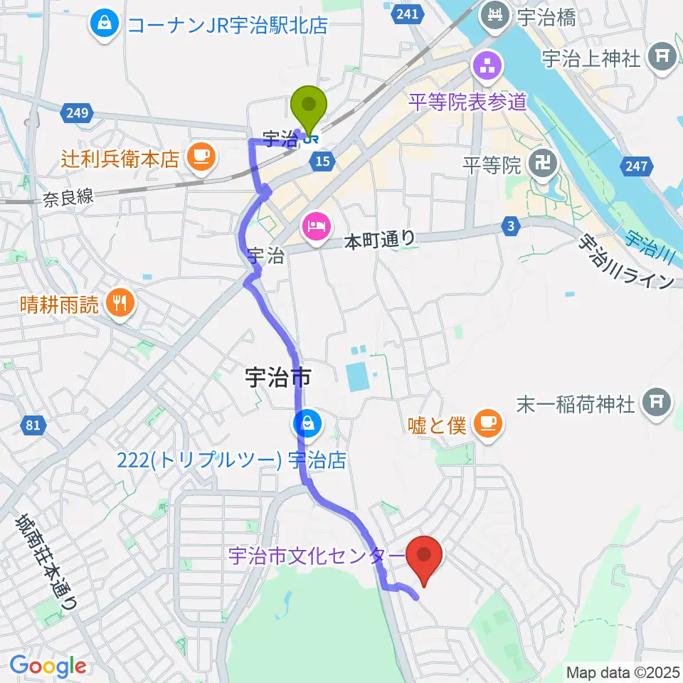 宇治市歴史資料館の最寄駅宇治駅からの徒歩ルート（約21分）地図