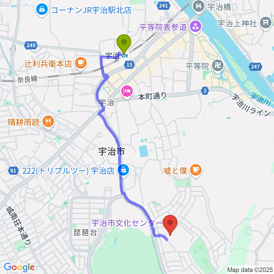 宇治市歴史資料館の最寄駅宇治駅からの徒歩ルート（約21分）地図