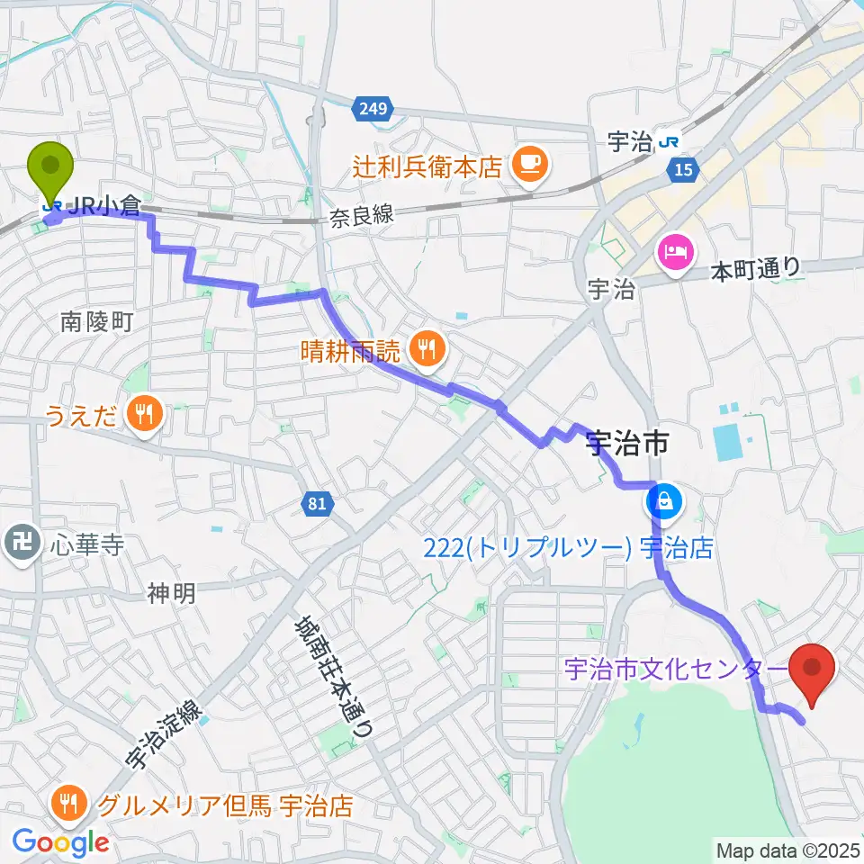 ＪＲ小倉駅から宇治市歴史資料館へのルートマップ地図