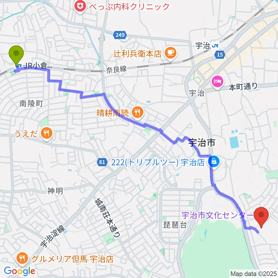 ＪＲ小倉駅から宇治市歴史資料館へのルートマップ地図