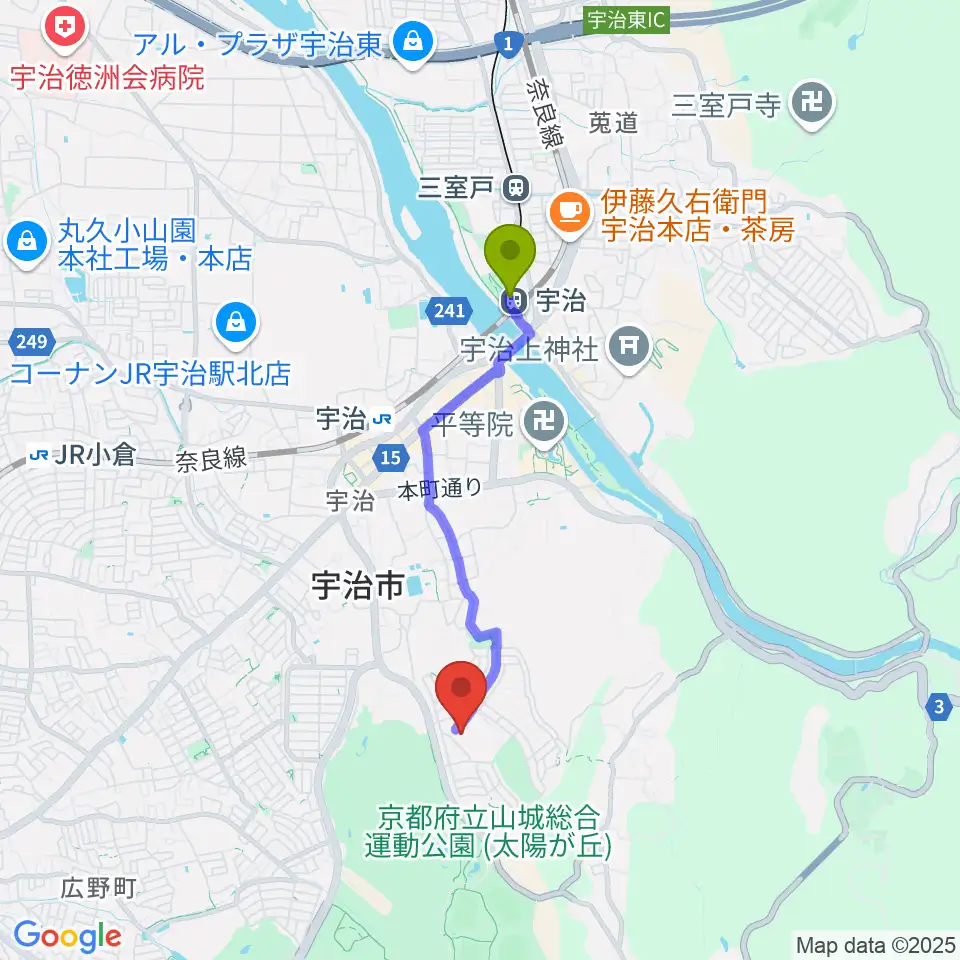 宇治駅から宇治市歴史資料館へのルートマップ地図