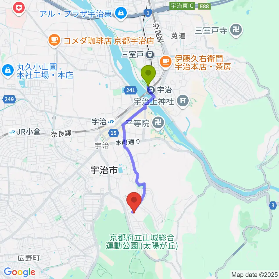 宇治駅から宇治市歴史資料館へのルートマップ地図