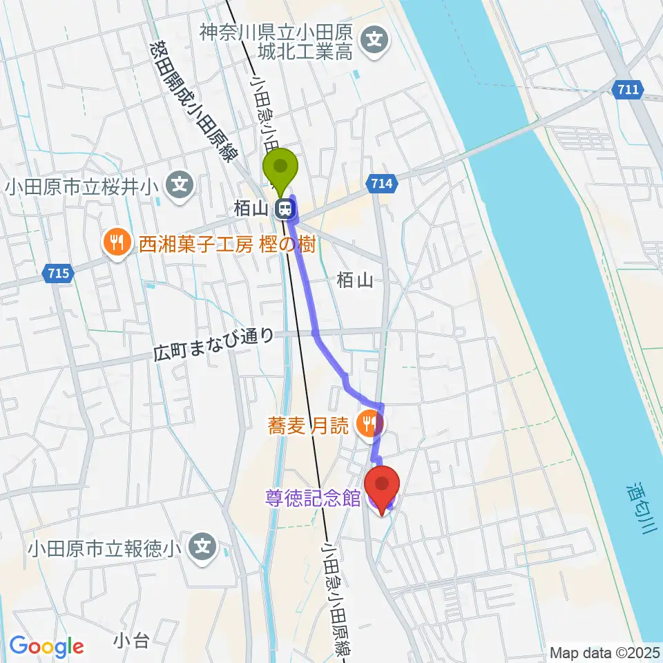 栢山駅から小田原市尊徳記念館へのルートマップ地図