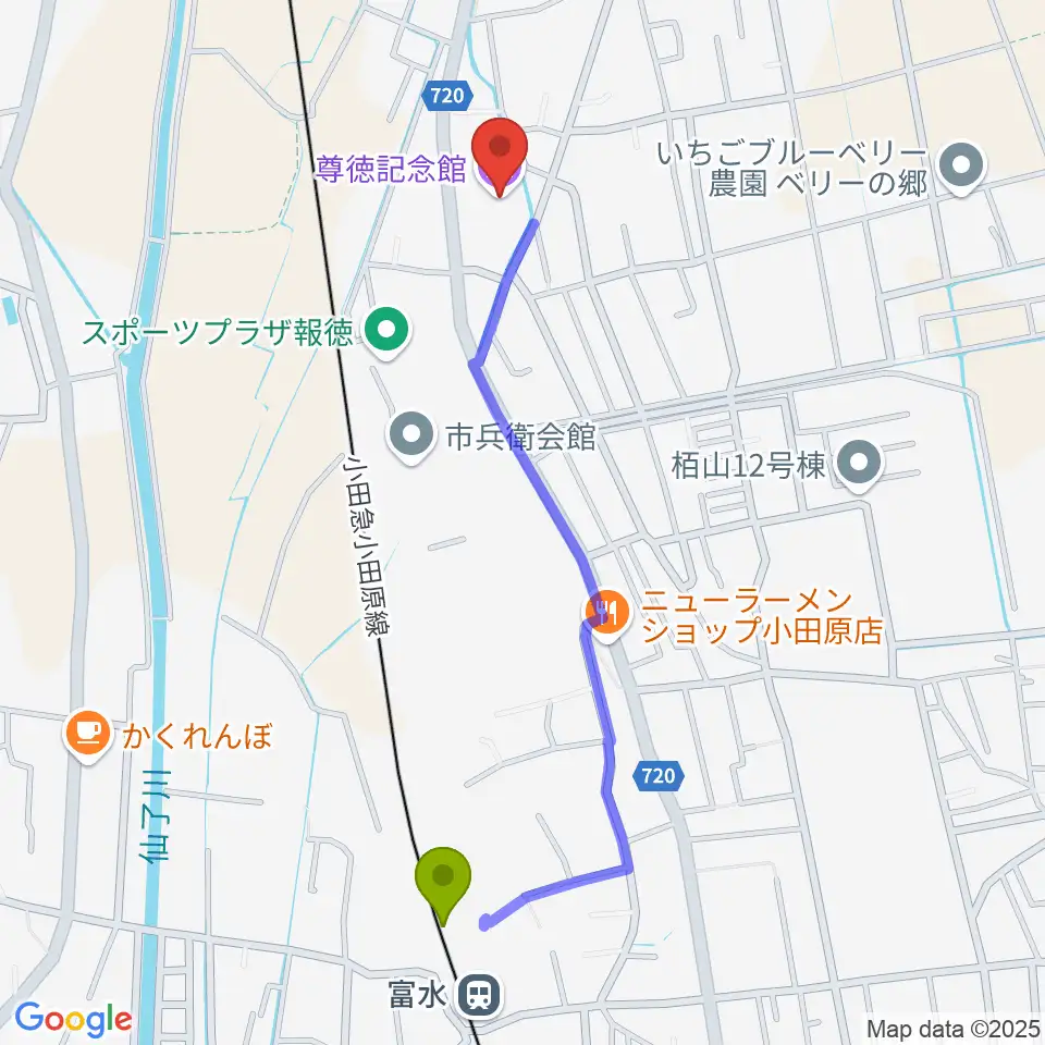 小田原市尊徳記念館の最寄駅富水駅からの徒歩ルート（約11分）地図