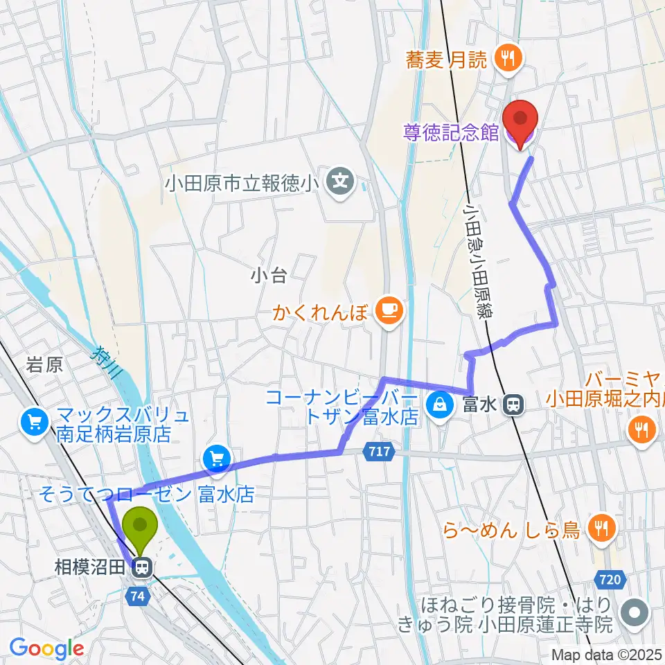 相模沼田駅から小田原市尊徳記念館へのルートマップ地図
