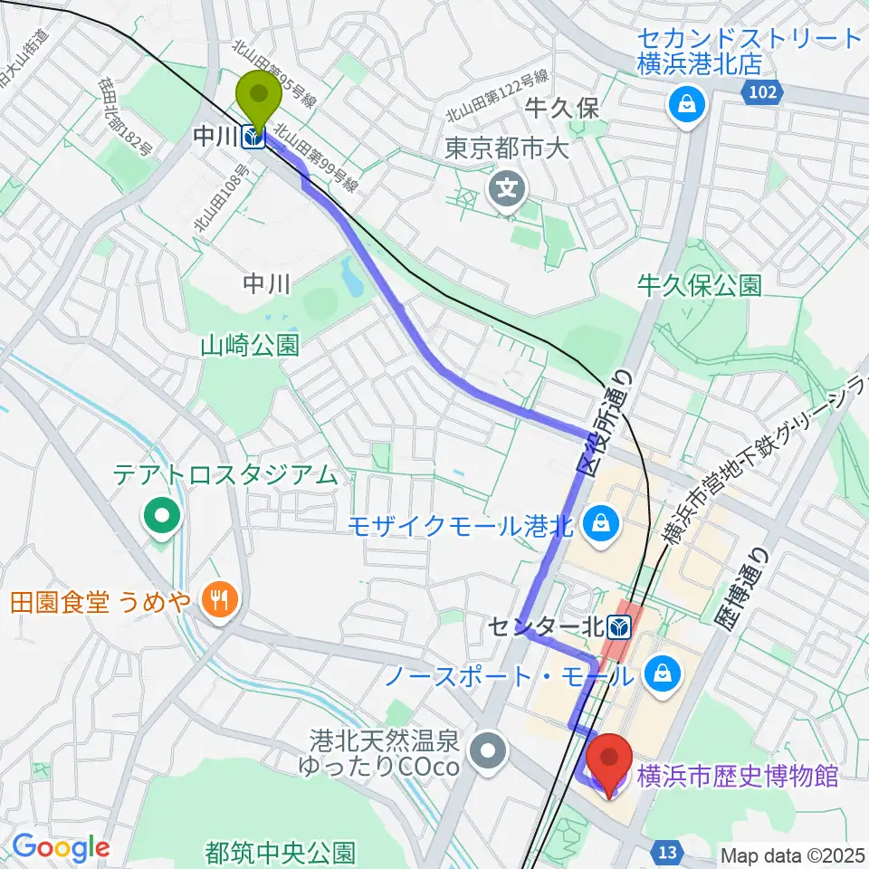 中川駅から横浜市歴史博物館へのルートマップ地図