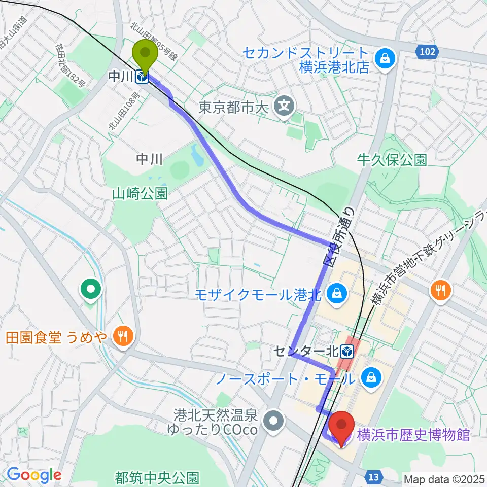 中川駅から横浜市歴史博物館へのルートマップ地図