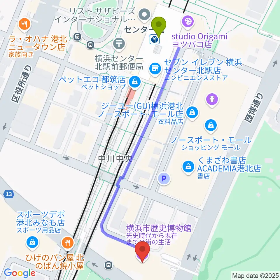 横浜市歴史博物館の最寄駅センター北駅からの徒歩ルート（約6分）地図