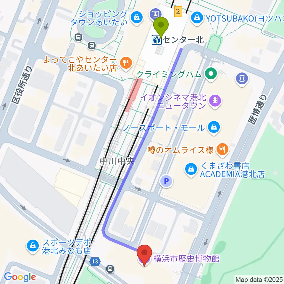 横浜市歴史博物館の最寄駅センター北駅からの徒歩ルート（約6分）地図