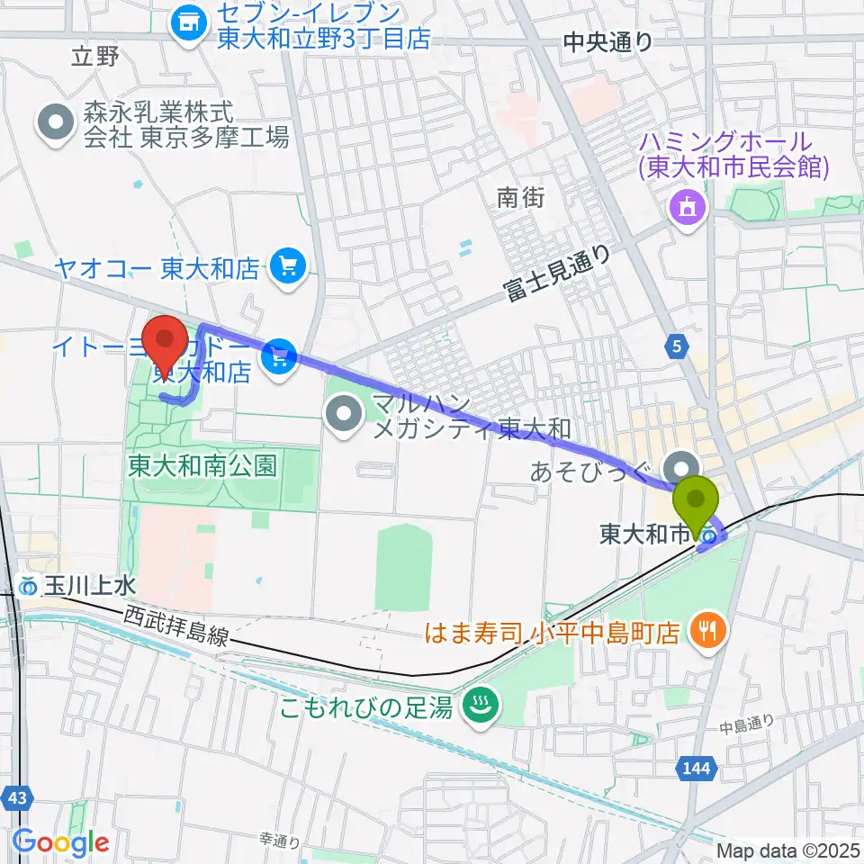 東大和市駅から東大和S&D体育館へのルートマップ地図