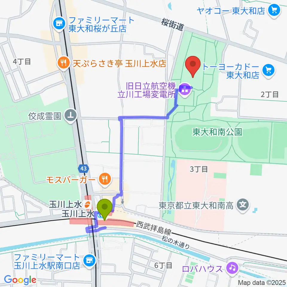 東大和S&D体育館の最寄駅玉川上水駅からの徒歩ルート（約9分）地図