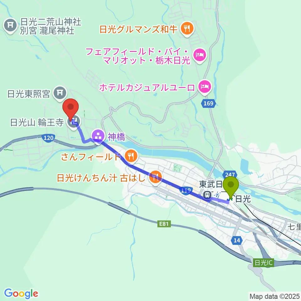 日光山輪王寺宝物殿の最寄駅日光駅からの徒歩ルート（約36分）地図