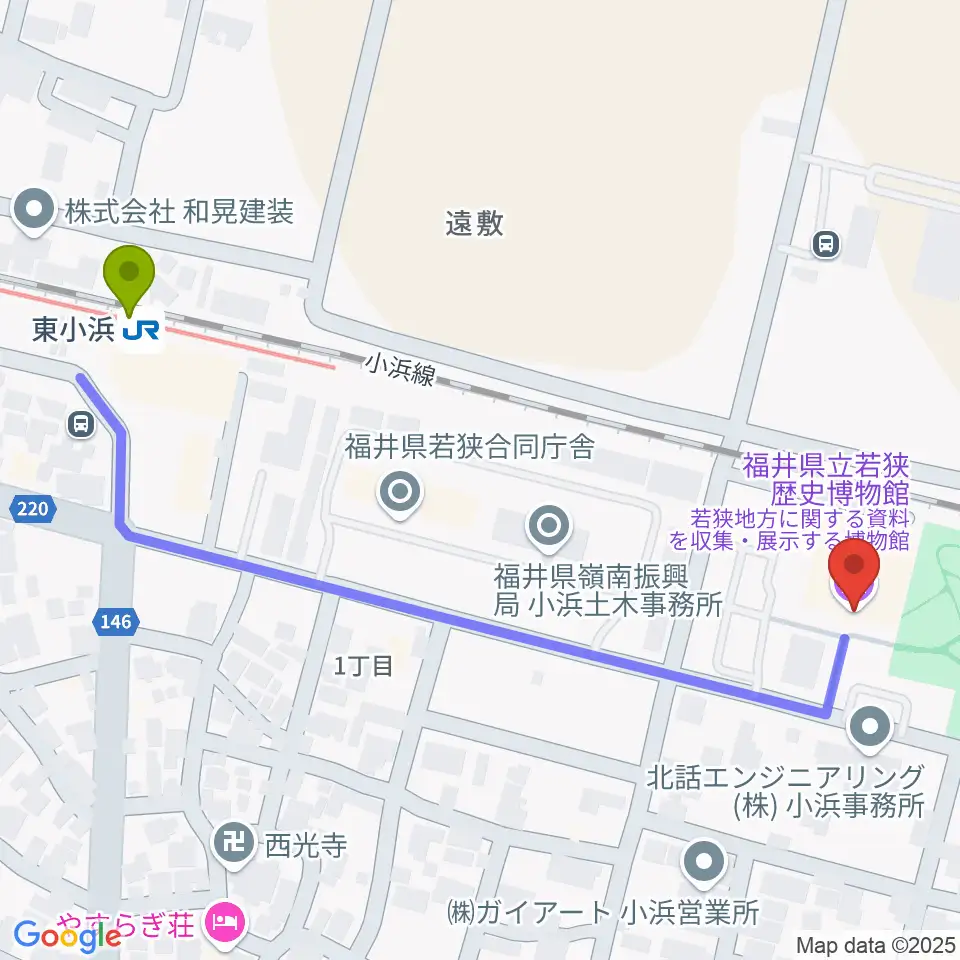 福井県立若狭歴史博物館の最寄駅東小浜駅からの徒歩ルート（約6分）地図