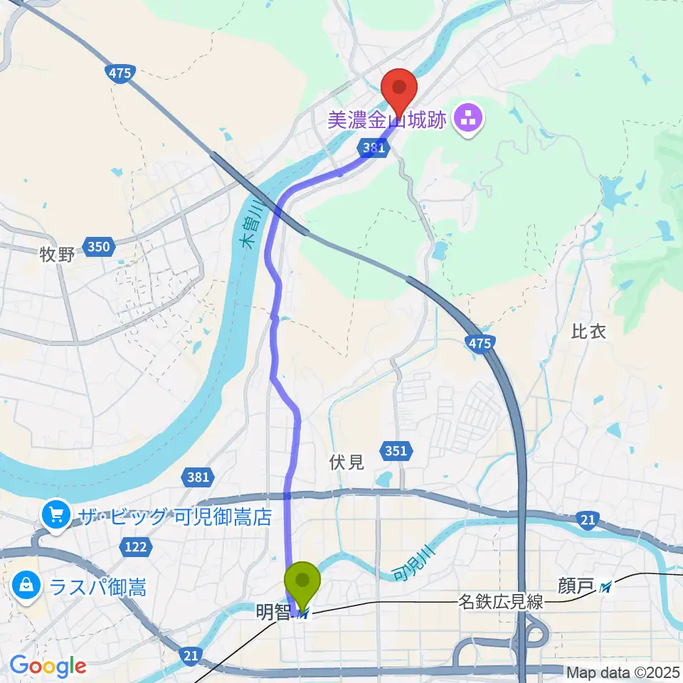 戦国山城ミュージアムの最寄駅明智駅からの徒歩ルート（約46分）地図