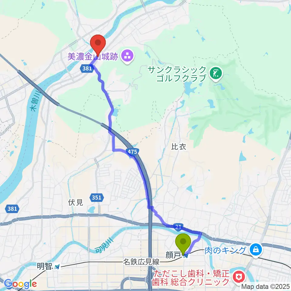 顔戸駅から戦国山城ミュージアムへのルートマップ地図