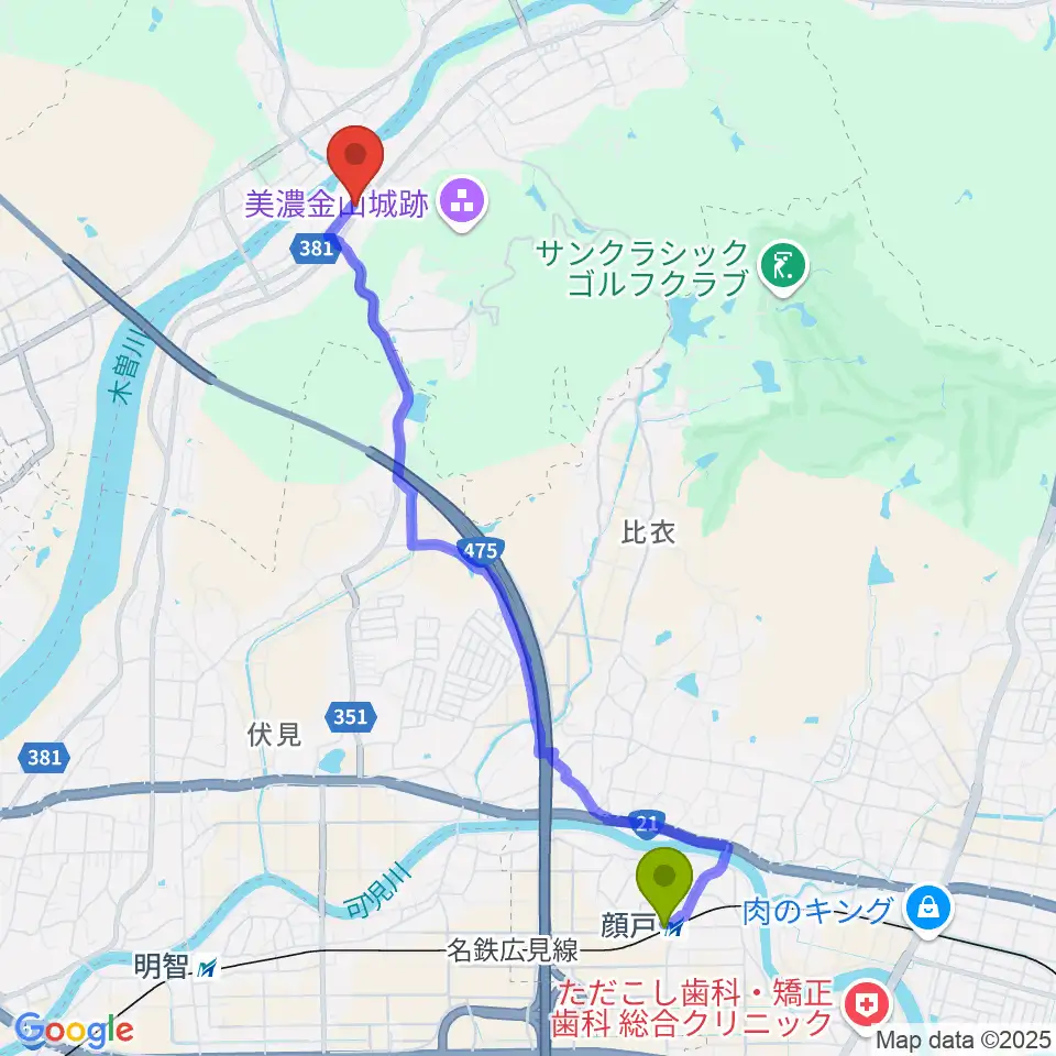 顔戸駅から戦国山城ミュージアムへのルートマップ地図