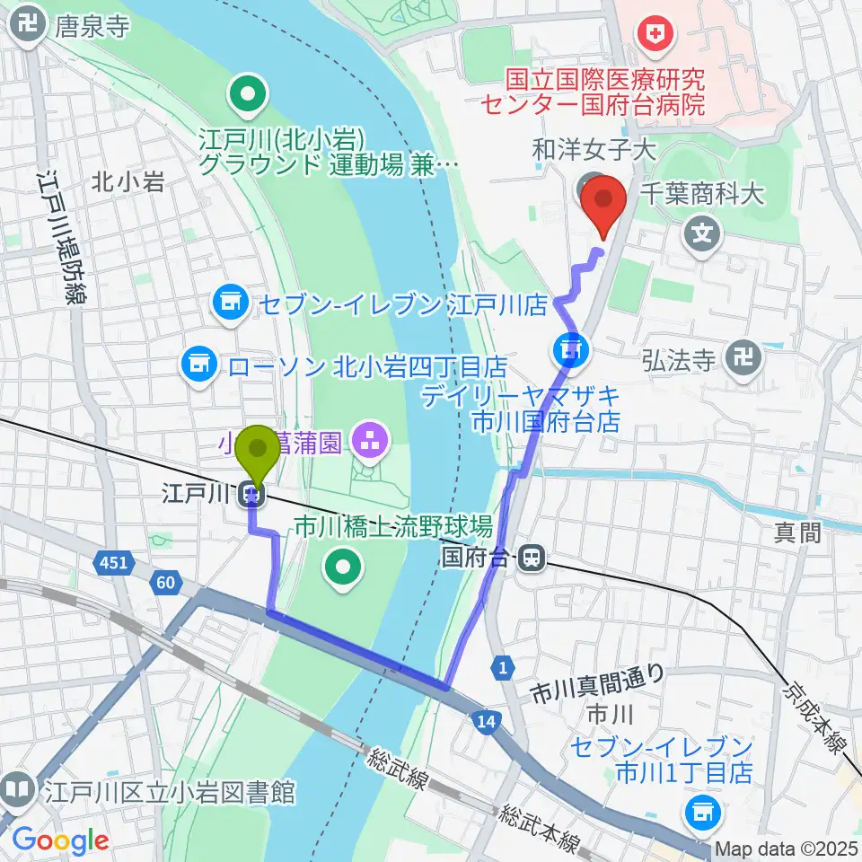 江戸川駅から和洋女子大学文化資料館へのルートマップ地図