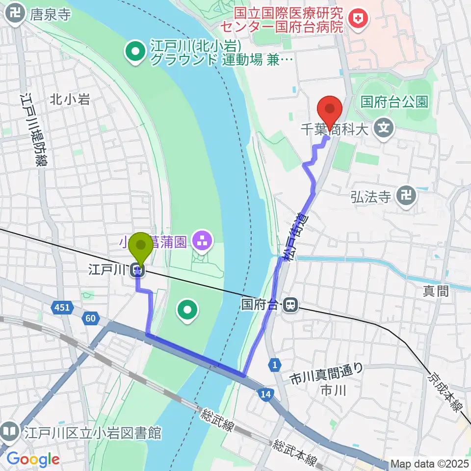 江戸川駅から和洋女子大学文化資料館へのルートマップ地図
